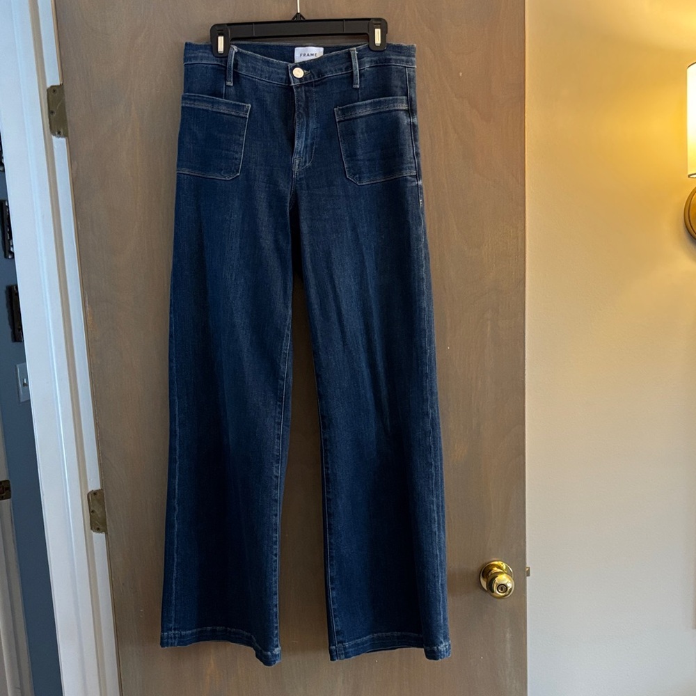 Frame Denim Dark Blue Flare Jeans, full length